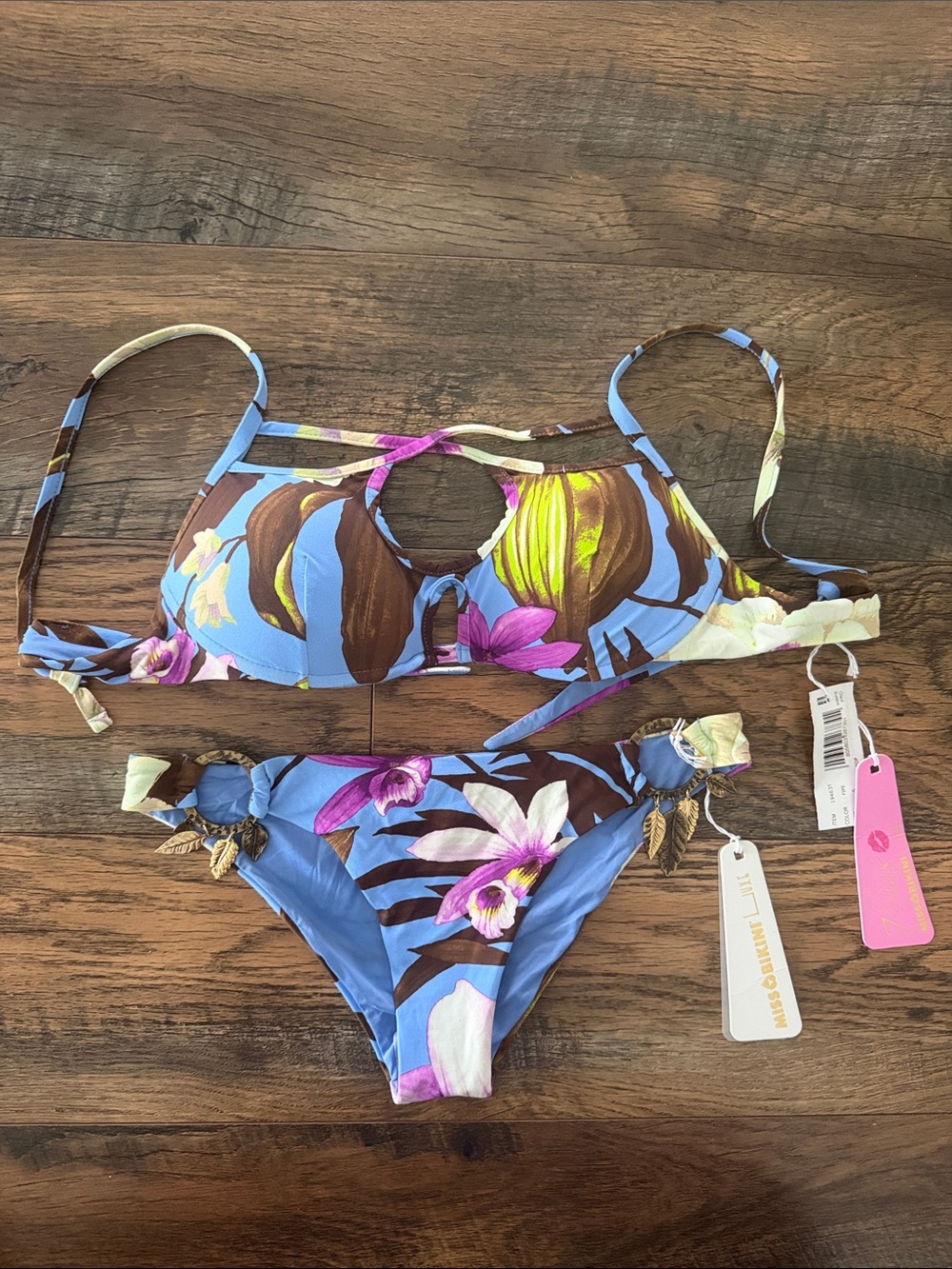 Blue Floral Women’s Bikini Set with Tropical Print - Picture 1 of 1